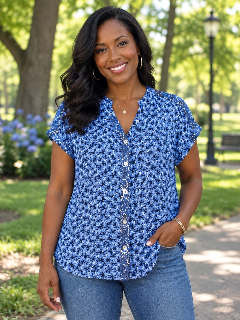 Habitat Blue Floral Short-Sleeve Button-Down Blouse